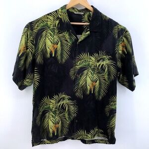 Tommy Bahama Silk Hawaiian Shirt Black Palm Tree Tropical Aloha Mens XL